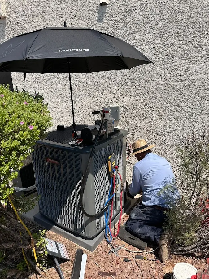 HVAC technician performing outdoor AC maintenance in Almont